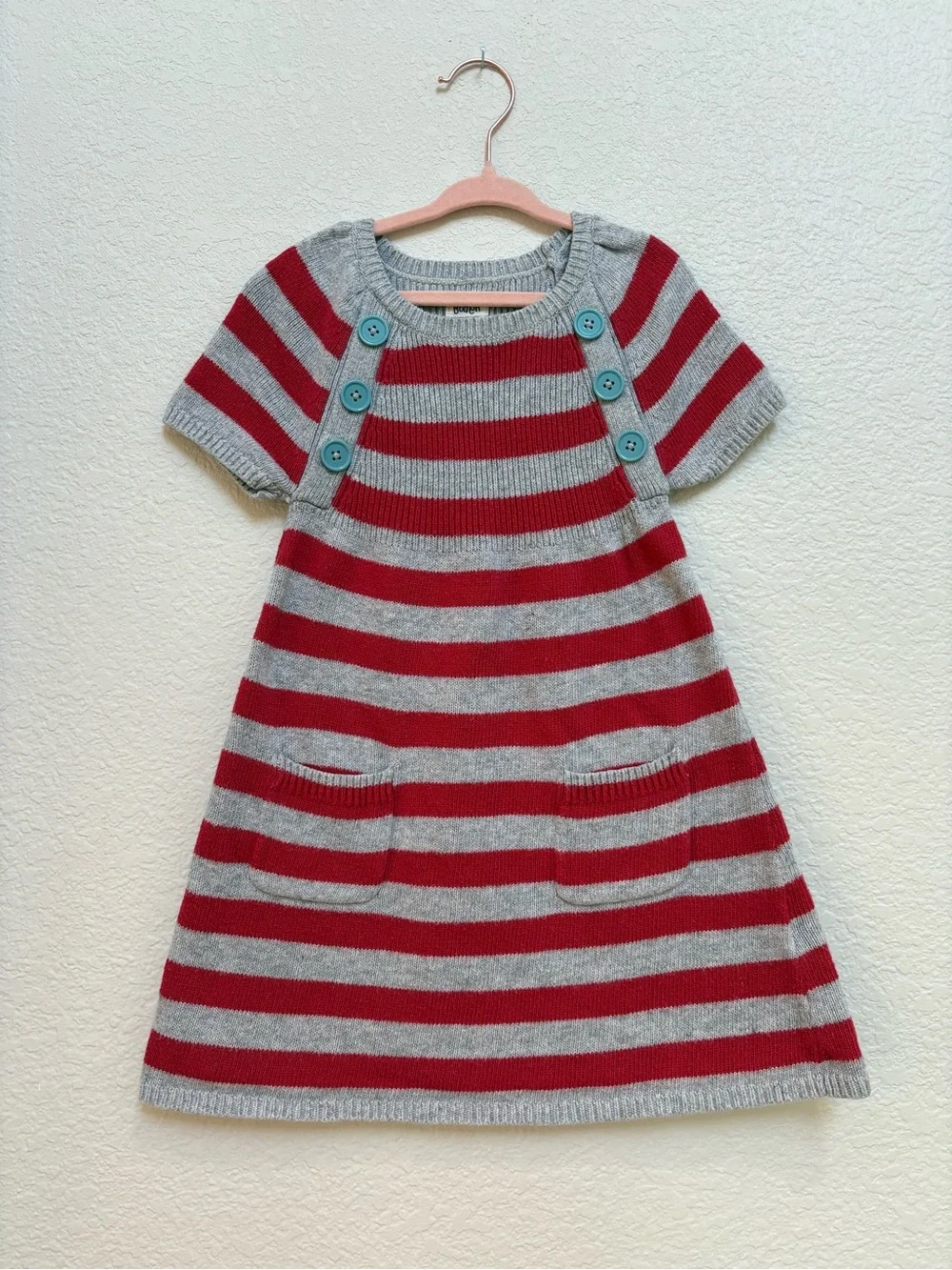 Mini Boden Girls Cashmere Blend Grey & Red Striped Knit Dress with Teal Buttons